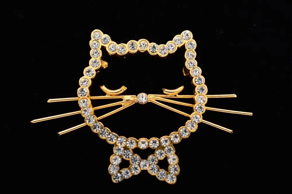 Vintage Cat Pin Brooch Sparkling Rhinestone Crystal Gold Tone Heavy 1990s BinAT